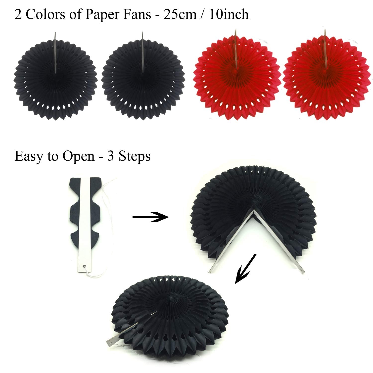 Zerodeco Party Decoration, 21 Pcs Black And Red Hanging Paper Fans Pom Poms Flowers, Garlands String Polka Dot And Triangle Bunt